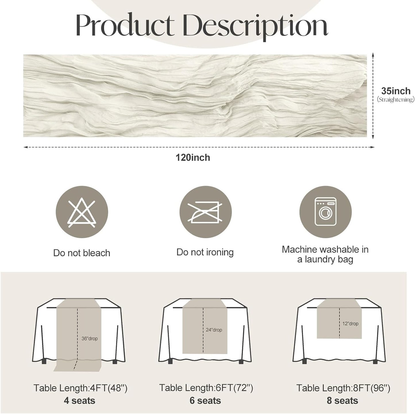 2 Pcs Ivory Cheesecloth Table Runner - 120 inch 10FT Boho Rustic Gauze Cheese Cloth Table Runner Decor for Spring Summer Party Wedding Birthday Baby Bridal Shower Home