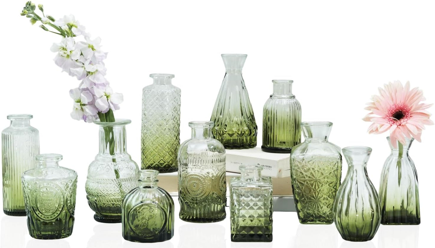 Bud Vases Set of 12,Glass Bud Vases in Bulk,Small Flower Vases for Centerpieces,Mini Vintage Vase for Wedding, Home Table Decor,Christmas,Party Decoration,Green