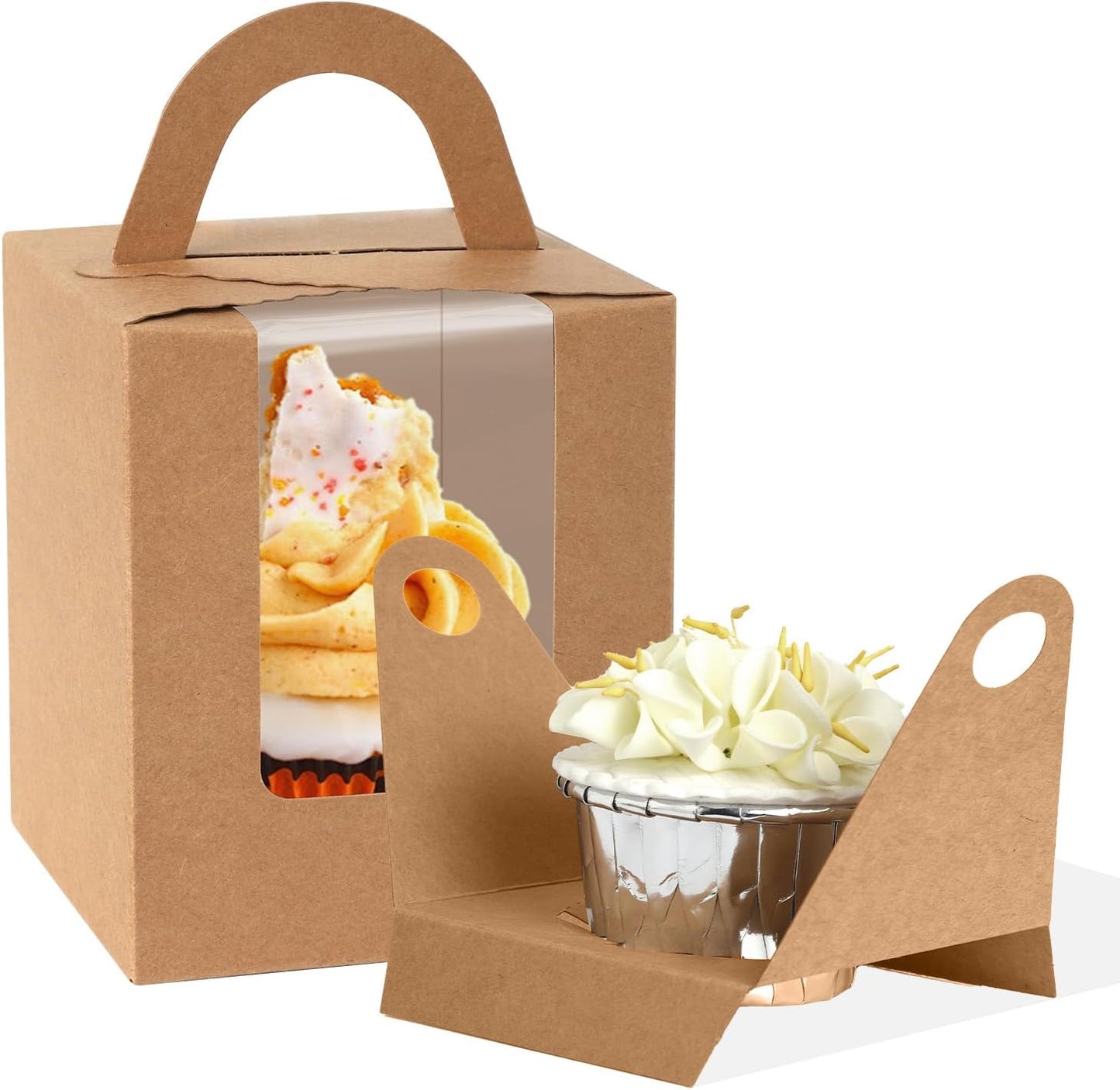 JCD Cupcake Boxes Kraft Paper, 120pcs Portable Cupcakes Holder Containers,Individual Cupcake Container Brown with Window Insert and Handle, Pastry Box Muffins Holder for Bakery Wrapping (Brown/120Pcs)