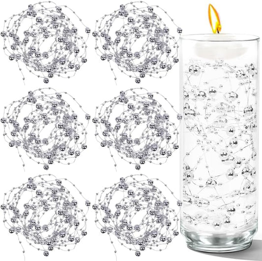 50 PCS Artificial Floating Beads for Centerpieces Vases, Silver 8+3mm String Beads for Wedding Party Faux Pearl String for Decorating, String Pearls for Crafts Vase Filler