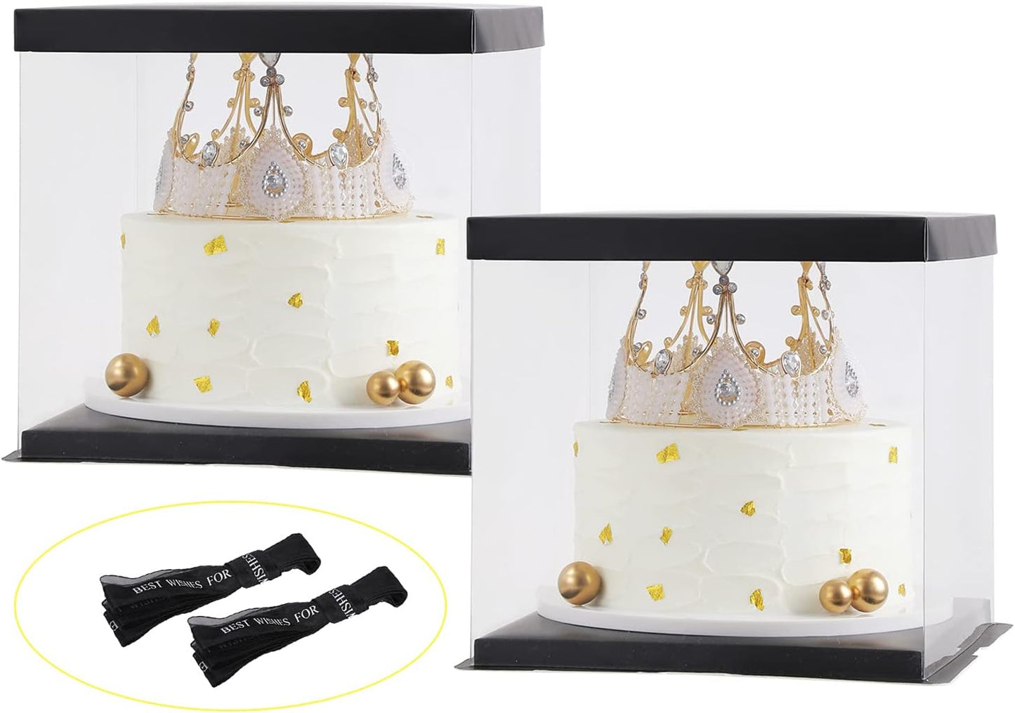 XININSUN 2Pcs Large Cake PET Clear Box, 10" X 10" X 9" with ribbon and pre-folded lid, for 8" cake packing carry, baking cookie display, Carry Tall Layer Gift, Festive Gift Box -Black