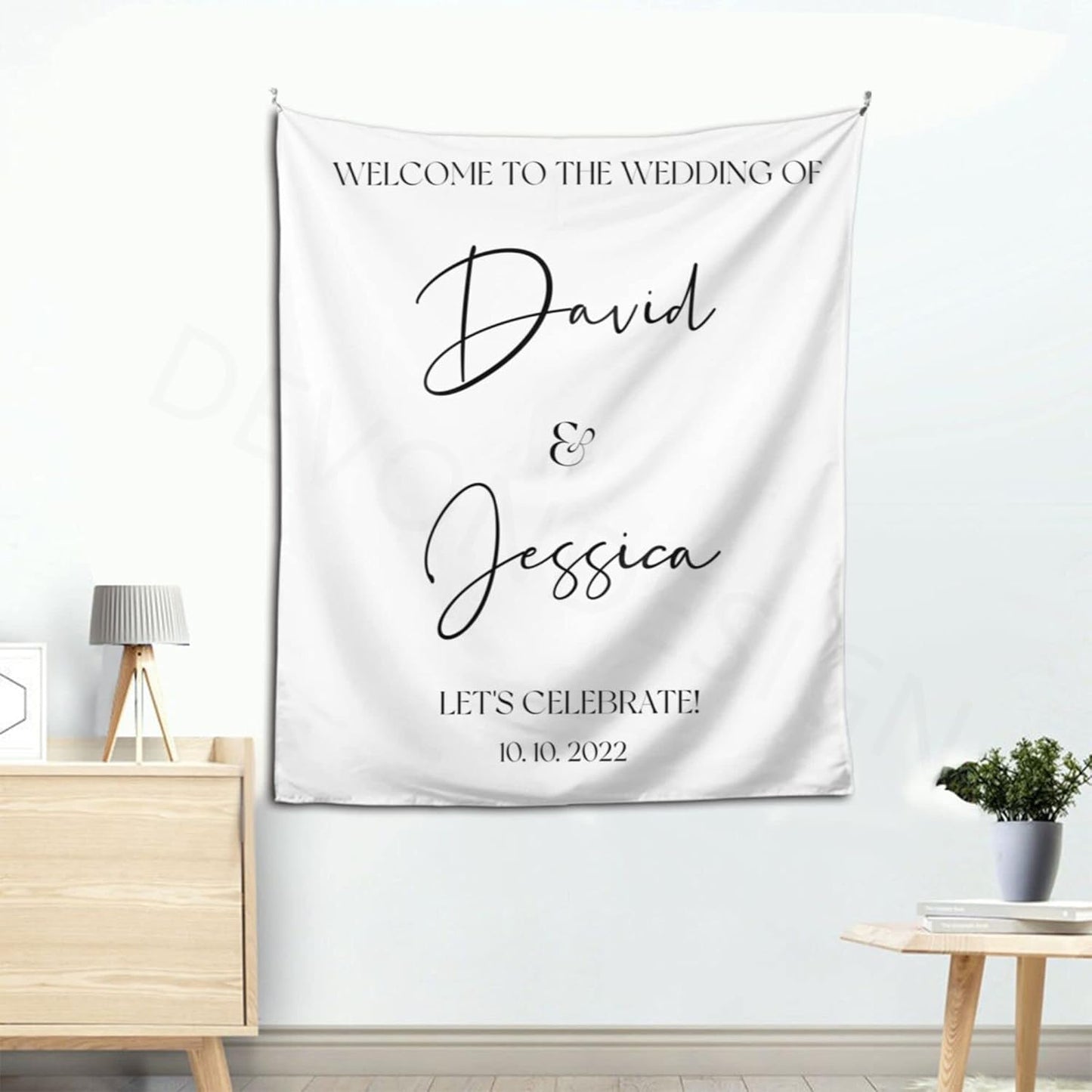 Welcome to Our Wedding Backdrop, Custom Tapestry with Names and Date, Rustic Sign, Personalized Calligraphy Banner for Ceremony, Arch, Reception Let's Celebrate Decor