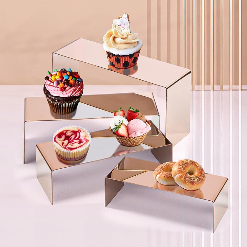 4 Pcs Stainless Steel Display Risers, Display Stand for Cupcake Dessert Perfume Purse Handbag Shoe and Funko Pop, Rose Gold