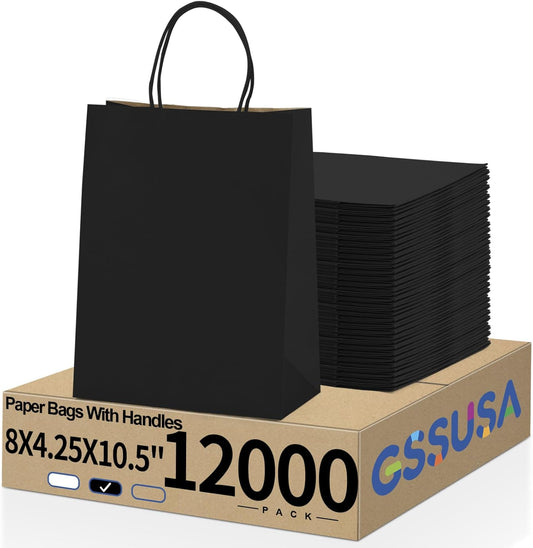 GSSUSA 12000 Pack 8x4.25x10 Inch Paper Bags with Handles Bulk, Black Paper Gift Bags for Small Business, Heavy Duty Bulk, for Birthday Party Favors, Shopping, Retail