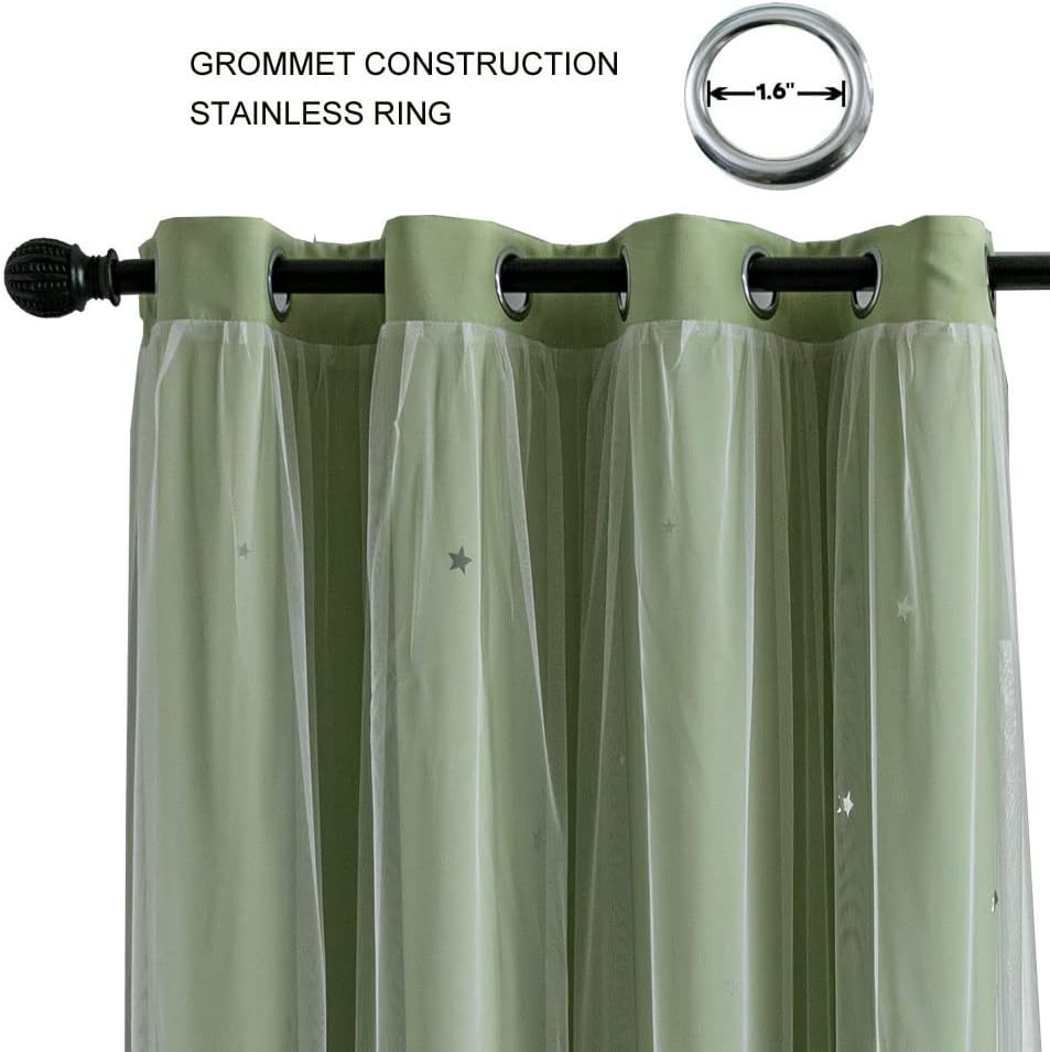 FANLI 2 Panels Star Blackout Curtains for Kid Girls Bedroom Living Room Darking Stripe Double Layer Star Cut Out Wall Home Decor Gradient Grommet Window Curtains (Green 95L)