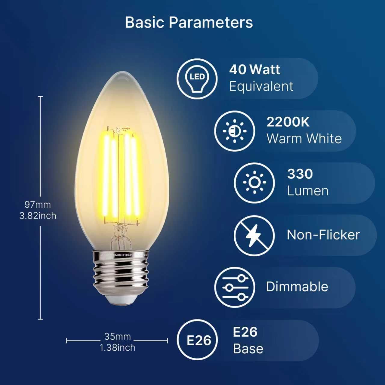 FLSNT 40W Equivalent LED Chandelier Light Bulbs, Dimmable Amber LED B11 E26 Candelabra Base Bulbs, 2200K Warm White, 330LM, 24 Pack UL,CA65 Listed.