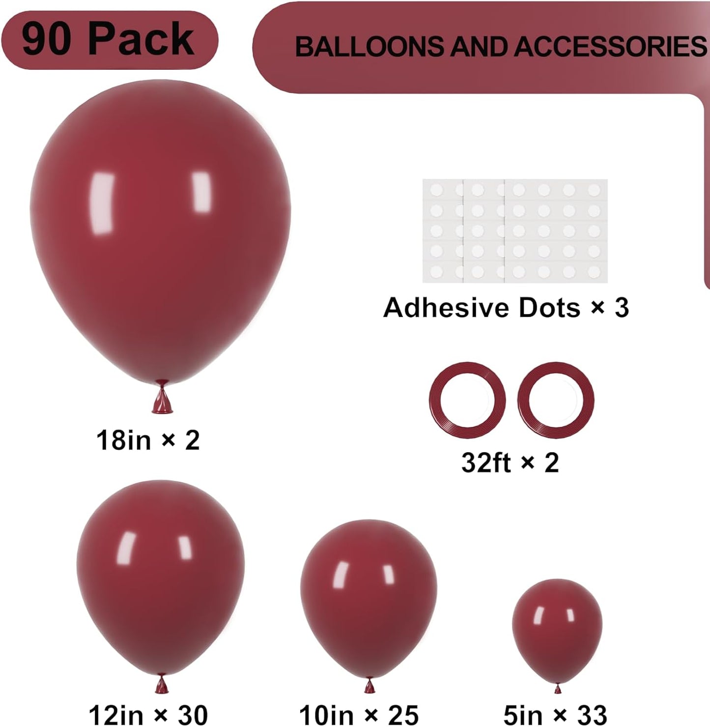 90pack Burgundy Balloons Different Size 18/12/10/5 Inch Maroon Balloon Garland Arch Kit for Graduation, Thanksgiving Day, Autumn Fall Theme Party, Wedding, Birthday Decorations