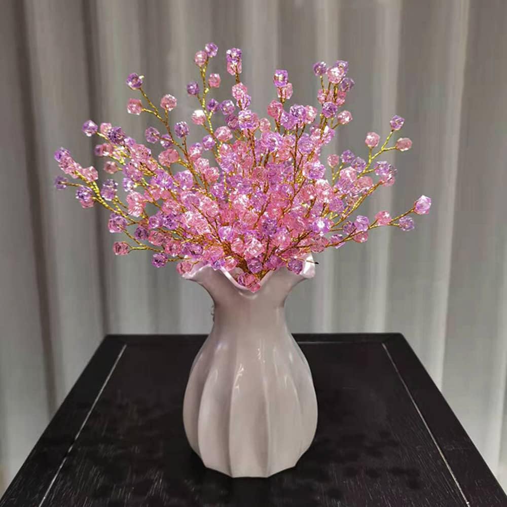 16PCS Crystal Artificial Flowers Bouquets Handmade Acrylic Flower Branches Fake Beaded Baby Breath Floral Crafts for Wedding Party Home Decor