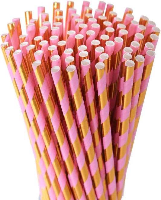 Paper Straws for drinking - Pink Gold Striped Biodegradable Disposable Paper Straws, 7.75 Inch, 100 Pieces
