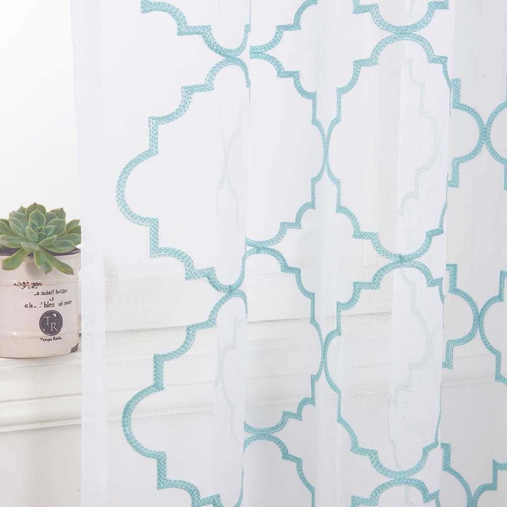 Embroidery Sheer Curtains Blue 63 Inch, Rod Pocket Voile Drapes for Living room, Bedroom, Window Treatments Moroccan Embroidery Semi Crinkle Curtain Panels for Yard, Patio, Villa, Set of 2, 52"x 63".