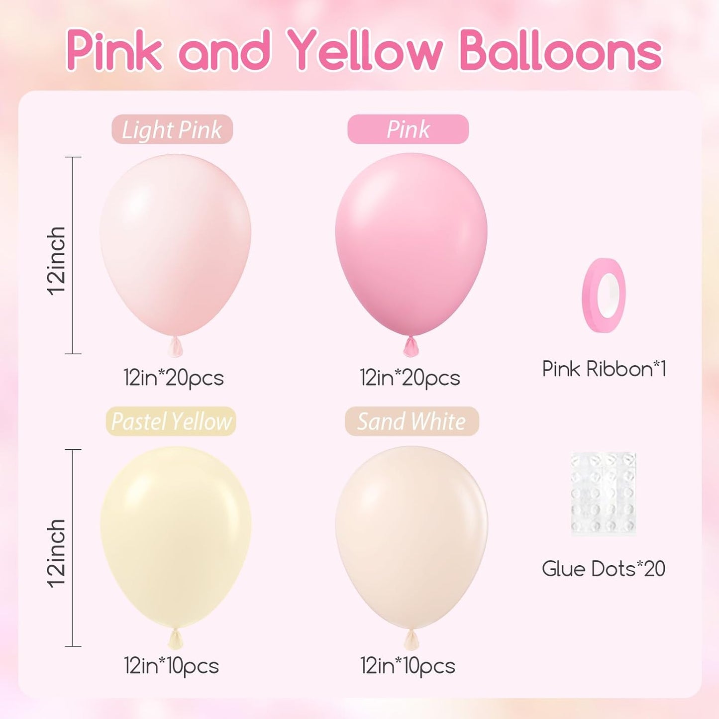 60pcs Pink and Yellow Balloons 12inch, with Sand White Latex Balloons for Anniversary Wedding Baby Shower Birthday Party Decorations