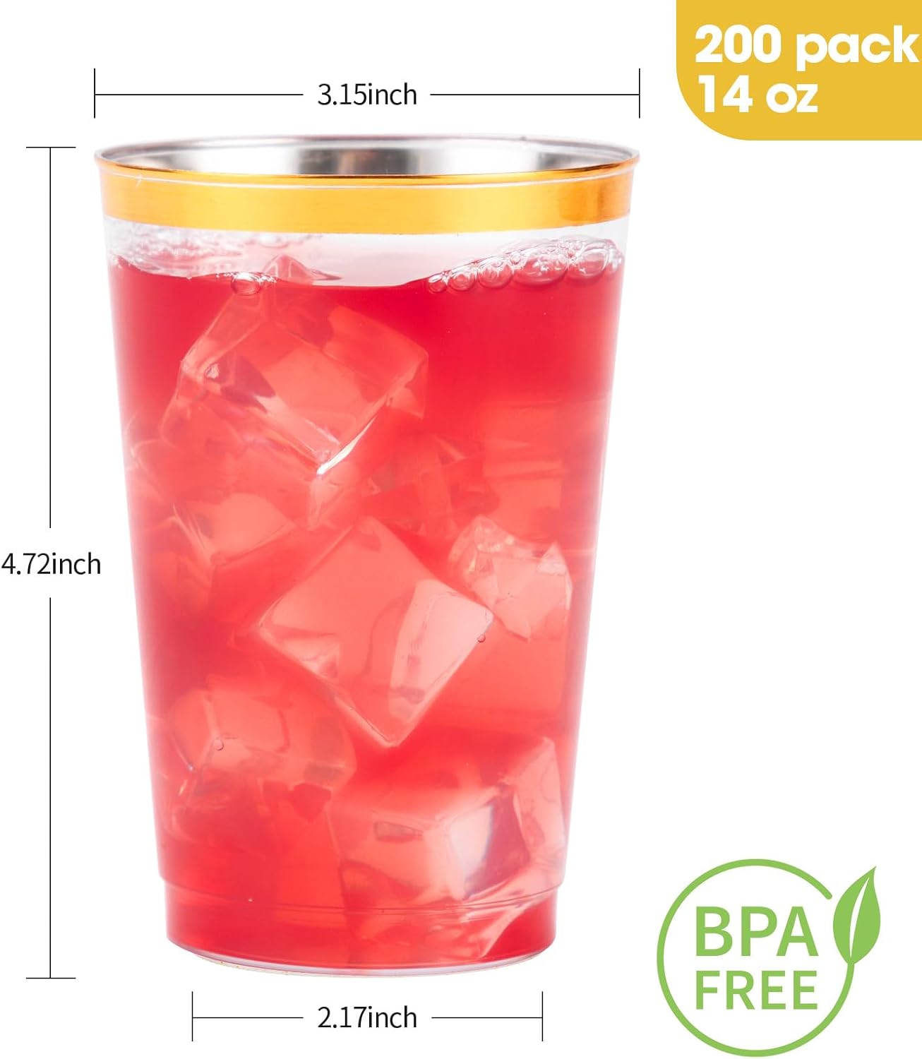 Goodluck 200PCS 14oz Gold Plastic Cups for Party, Disposable Gold Rim Cups, Plastic Cocktail Glasses for Wedding Thanksgiving, Christmas, and Parties