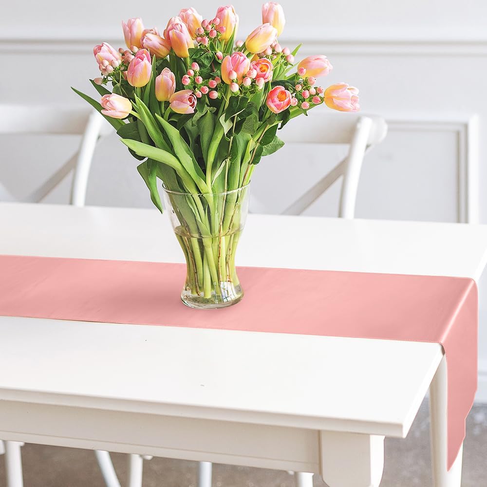 Aneco 12 Pack Satin Table Runner 12 x 108 Inch Rose Gold Long Wedding Satin Silk Table Runner for Wedding Banquet Graduations Birthday Party Decoration