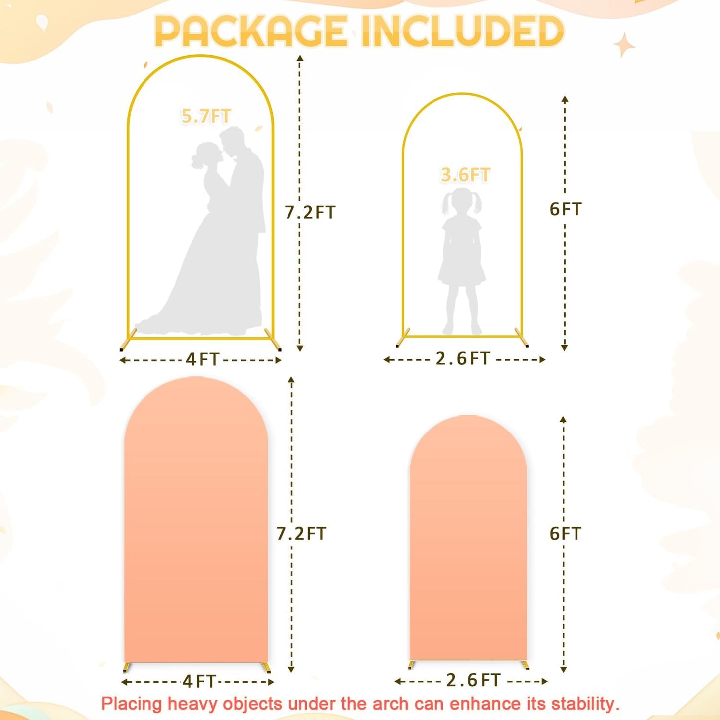 Wedding Arch Backdrop Stand and Peach Arch Cover Set of 2 (7.2FT, 6FT) Metal Backdrop Stand for Parties Spandex Arch Stand Cover for Birthday Bridal Baby Shower Graduation Balloon Arch Decorations