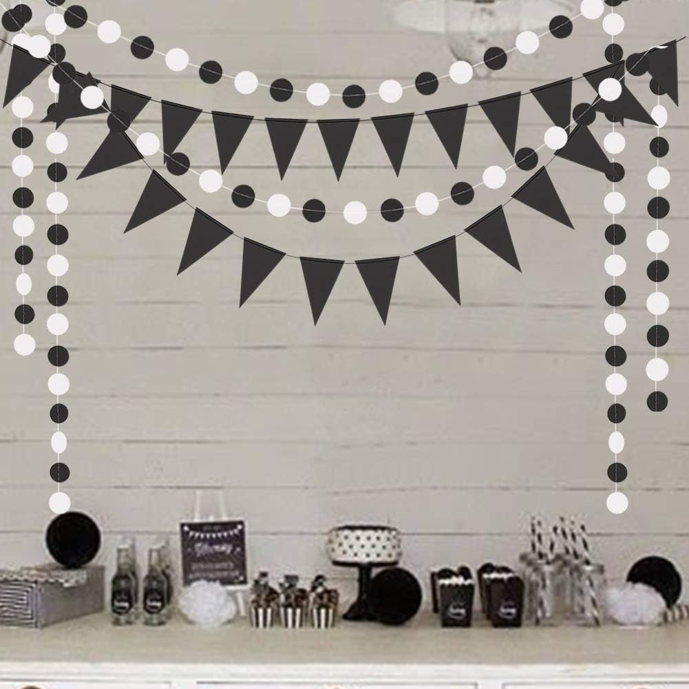 Cheerland Black and White Party Decoration Gothic Circle Garland Halloween Flag Banner for Summerween Birthday Hanging Streamer Banner Backdrop Wedding Baby Anniversary Graduation Shower Party Supply