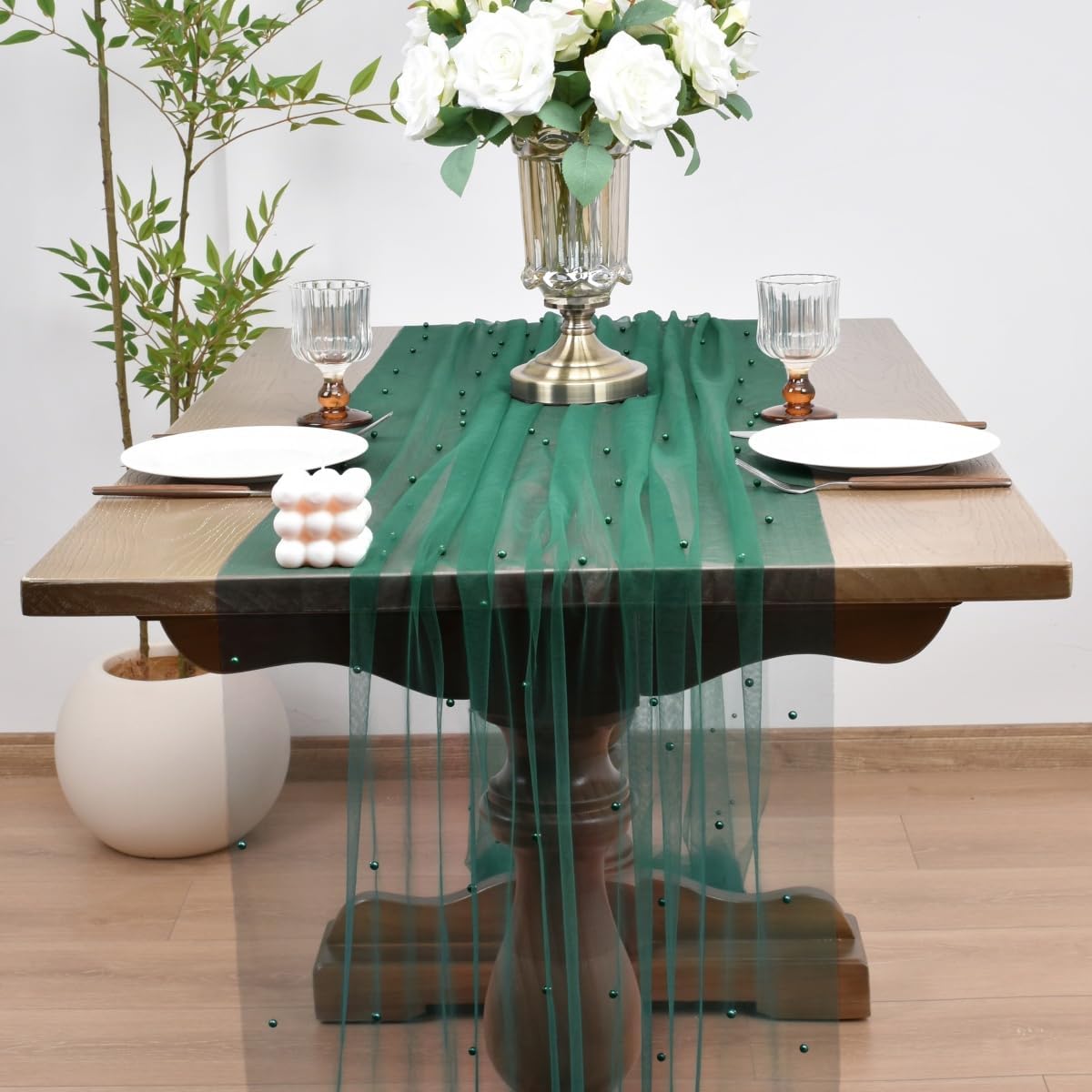 Joanlody Fall Pearl Table Runner 10ft Rustic Boho Tulle Table Runner with Pearls for Baby Shower Wedding Party Veil Dessert Thanksgiving Table Decor Emerald Green