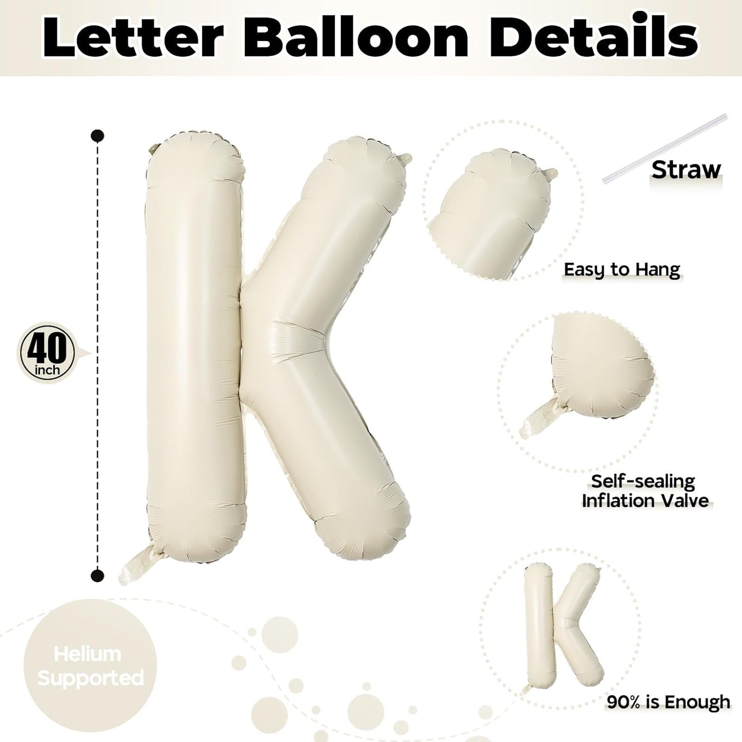 Giant Alphabet K Foil Balloons, Nude Cream White Custom Mylar Letters Balloon Birthday Decor, 40 Inch Helium Self Inflating Beige K Name Balloons Letter for Girls Baby Shower Party Decoration Supplies