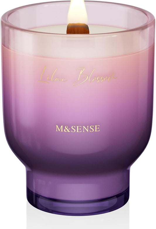 M&SENSE 16.6oz Natural Soy Large Jar Candle with Wooden Wick | Lilac Blossom Scent | 95-Hour Burn & Long-Lasting Burn | Housewarming Gift for Men and Women