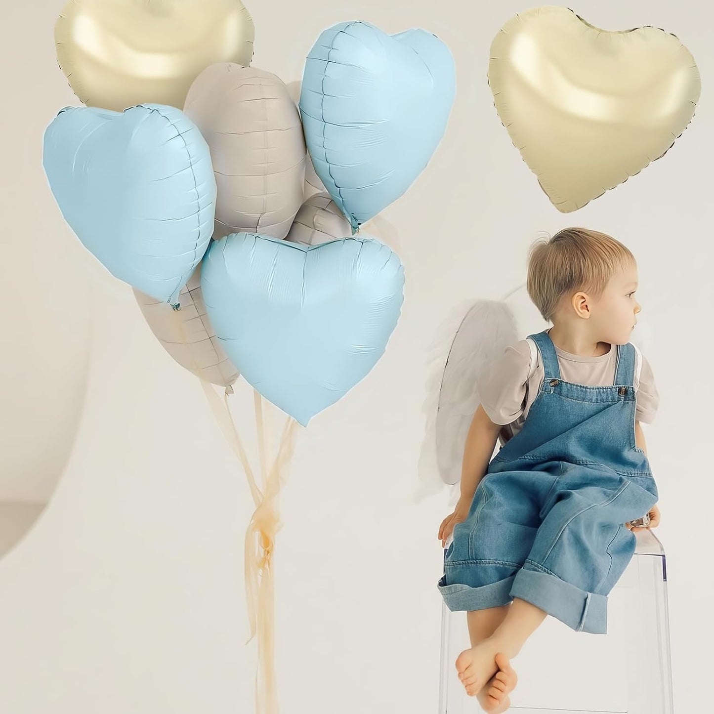 Blue White Heart Balloons,12Pcs Light Gold Baby Blue Heart Shaped Foil Balloons,18Inch Cream White Helium Balloon for Baby Shower Birthday Anniversary Wedding Party Decorations
