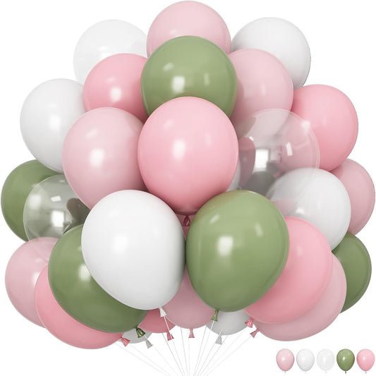Dusty Pink Green White Balloons for Fairy Birthday Party Decorations 60PCS 12INCH Light Pink Sage Olive Green Clear Helium Latex Balloons for Arch Woodland Decor Butterfy Wildflower Baby Shower