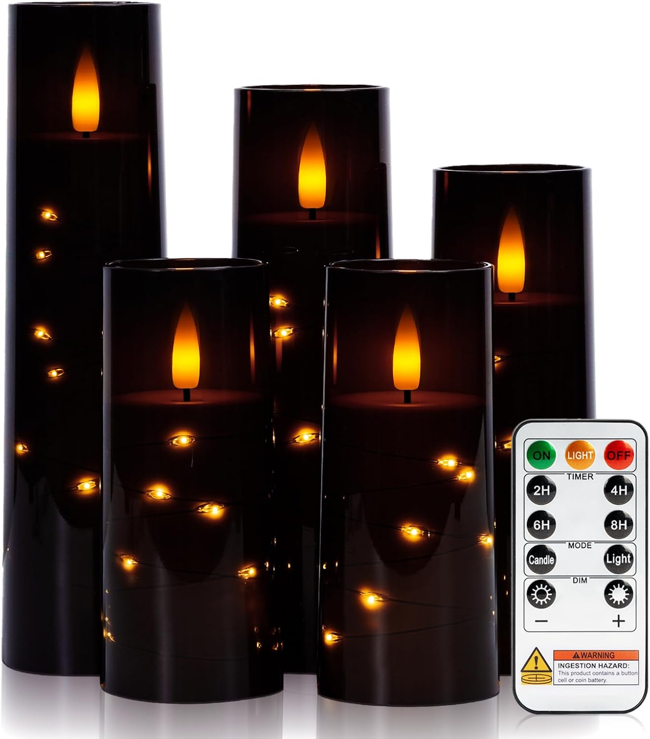 Raycare Flameless Candle with Remote Timer – 5 Flickering Acrylic Battery Operated LED Pillar Candles with Embedded Star String for Halloween, Home Decor, and as a Gift(Black)