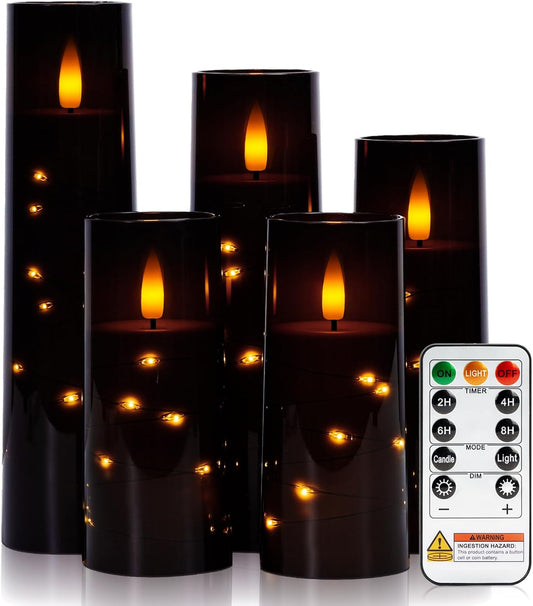 Raycare Flameless Candle with Remote Timer – 5 Flickering Acrylic Battery Operated LED Pillar Candles with Embedded Star String for Halloween, Home Decor, and as a Gift(Black)
