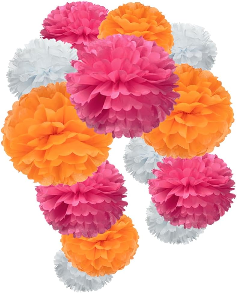 Hot Pink Orange and White Paper Flower Tissue Pom Poms for Fall Autumn Thank's Giving Baby Shower Graduation Birthday Theme Party, 12pc