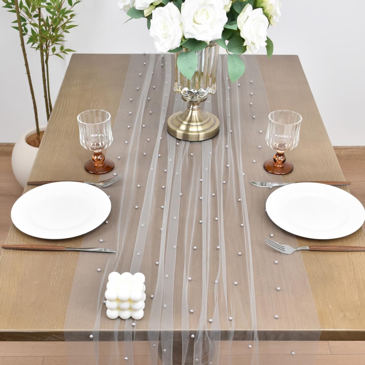 Joanlody Fall Pearl Table Runner 10ft Rustic Boho Tulle Table Runner with Pearls for Baby Shower Wedding Party Veil Dessert Thanksgiving Table Decor Gray