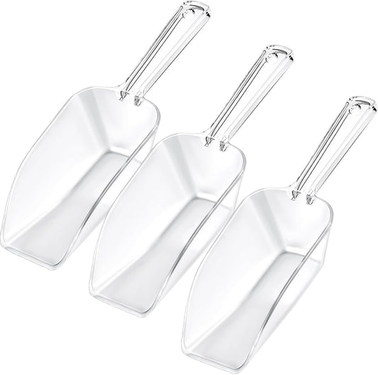 3 Pcs Clear Plastic Ice Scoop Set, Small Acrylic Serving Scoops For Candy Buffet, Canisters, Dry Goods Multi-Purpose Kitchen Food Scoop For Coffee, Tea, Flour, Wedding Desserts (7.8 Inch Long)