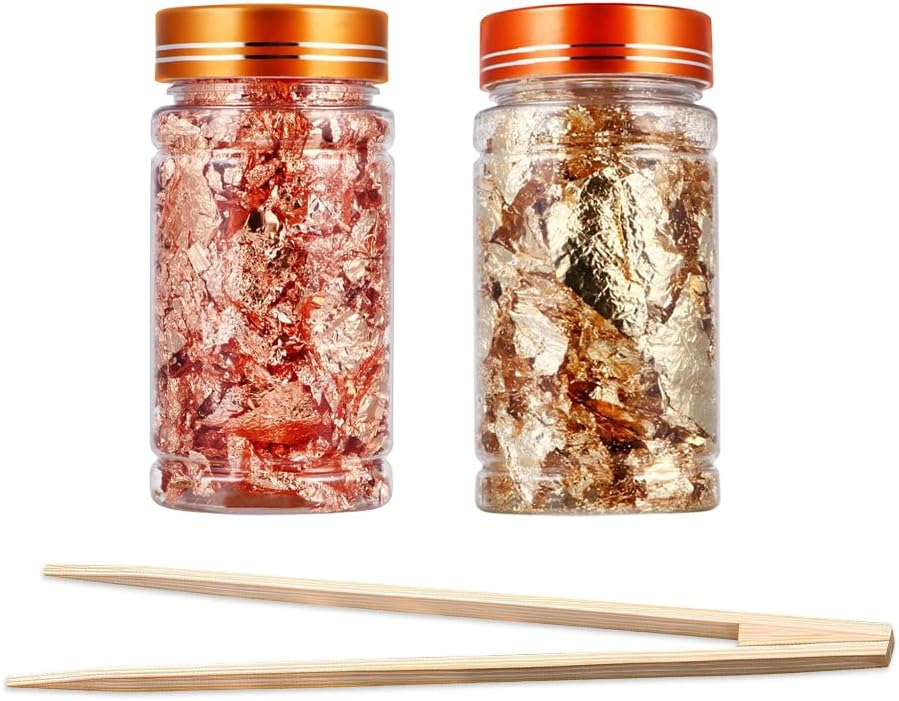 Gold Flakes for Resin, 2 Bottles 10g Imitation Golden Foil Gilding Flake Metallic Leaf for Cake Decoration Chocolate Making Nails Painting Art Crafts with Bamboo Tweezers (Gold, Copper Colors)