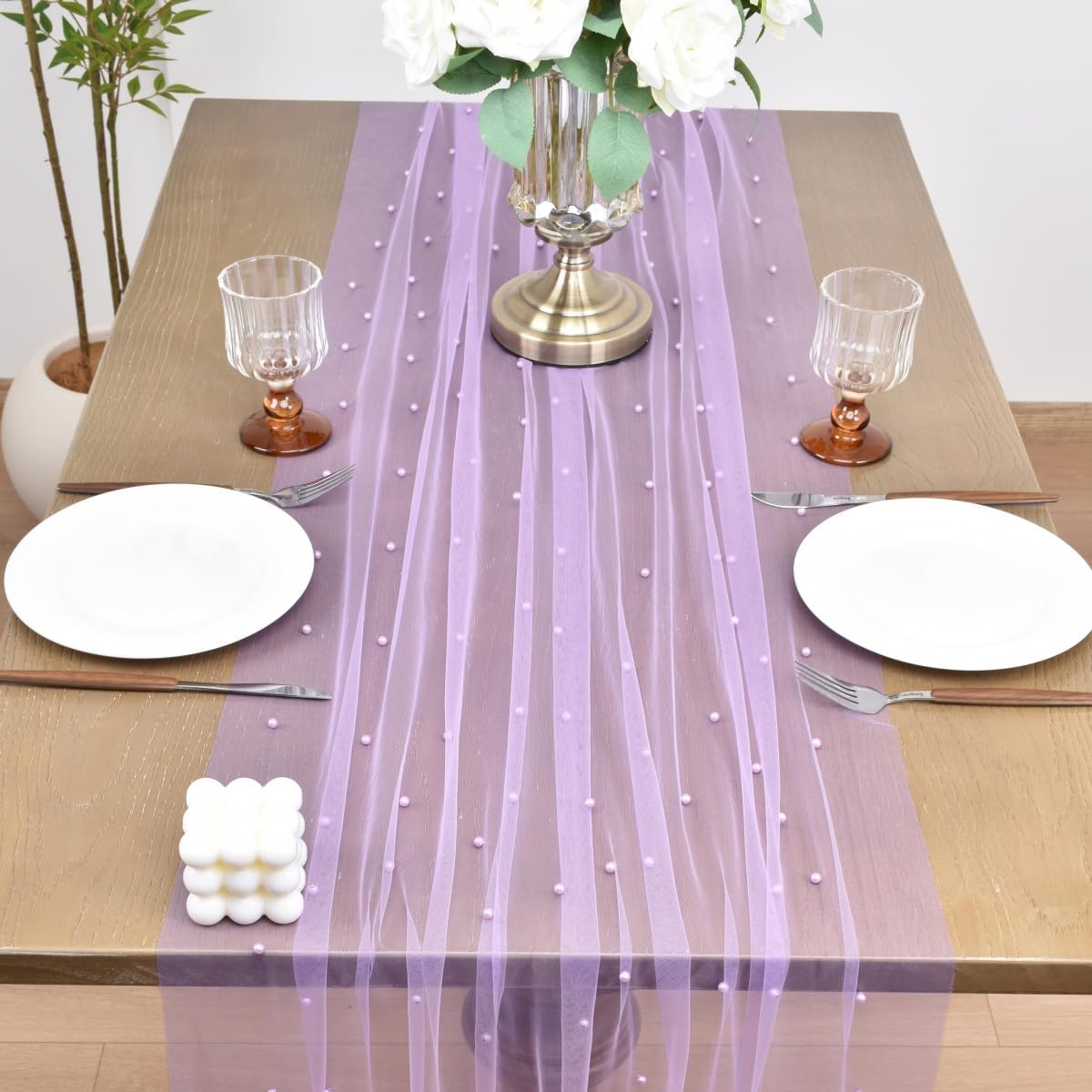 Joanlody Fall Pearl Table Runner 10ft Rustic Boho Tulle Table Runner with Pearls for Baby Shower Wedding Party Veil Dessert Thanksgiving Table Decor Lilac