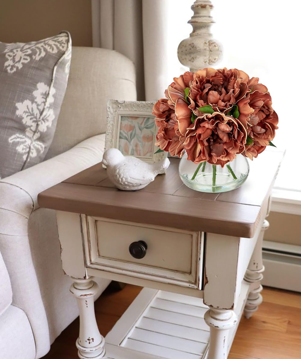 Hollyone Coffee Peonies with Vase Fall Flowers Artificial for Decoration Faux Flower Peony Fake Flowers Silk Flower Arrangements in Glass Vase with Faux Water Centerpiece Fall Decorations for Home