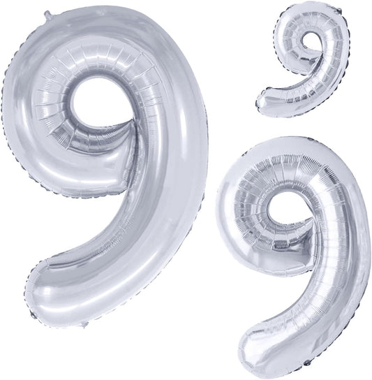 GOER Silver Foil Balloons Number 9,Huge Number Balloons for 9th Birthday Party Supplies Anniversary Decorations(3 pcs,42 inch,32 inc,16inch)