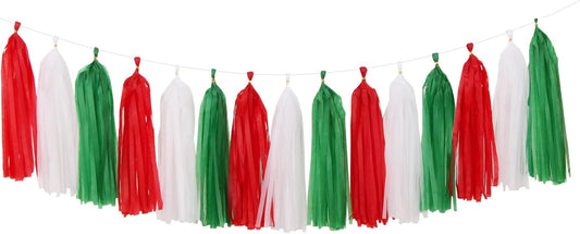 Red-Green White Christmas Party-Decorations Tassel-Garland -15pcs Mexico Italy Tassels Banner Streamers,Mexican Italian Birthday Wedding Baby Shower Decor Panduola