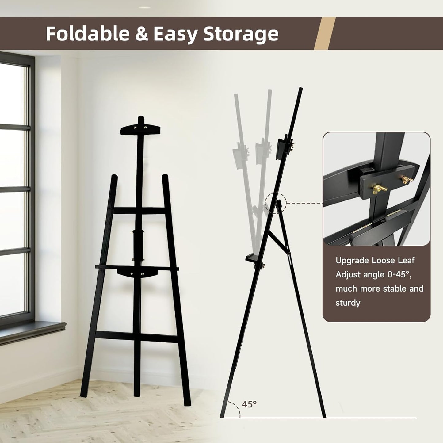 Adjustable Black Wooden Painting Easel, Pine Art Easel Stand Hold up to 43'', Painting Canvas for Wedding Sign and Poster, Drawing for Adults, Begginners and Students, Black