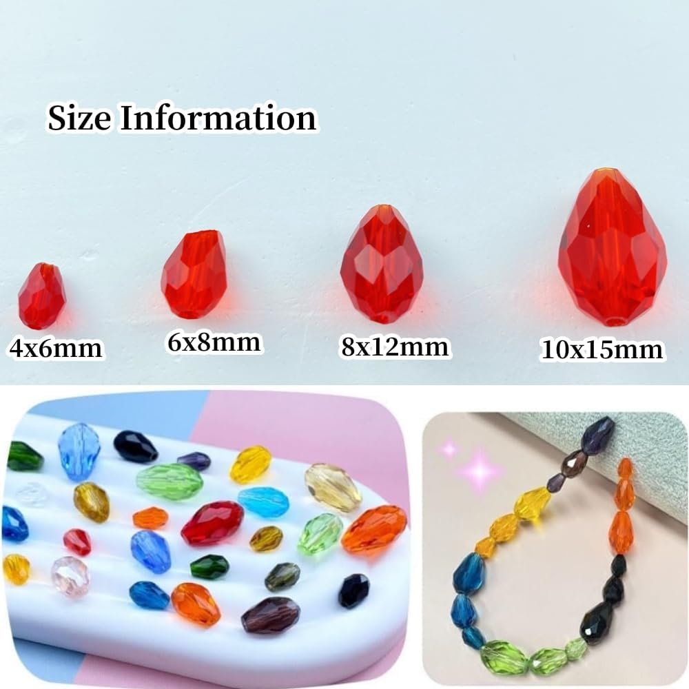 130pcs 6x8mm Teardrop Crystal Glass Beads Vertical Hole Faceted Glass Teardrop Spacer Beads for Bracelets Necklace Earring DIY Jewelry Making Craft(Red)