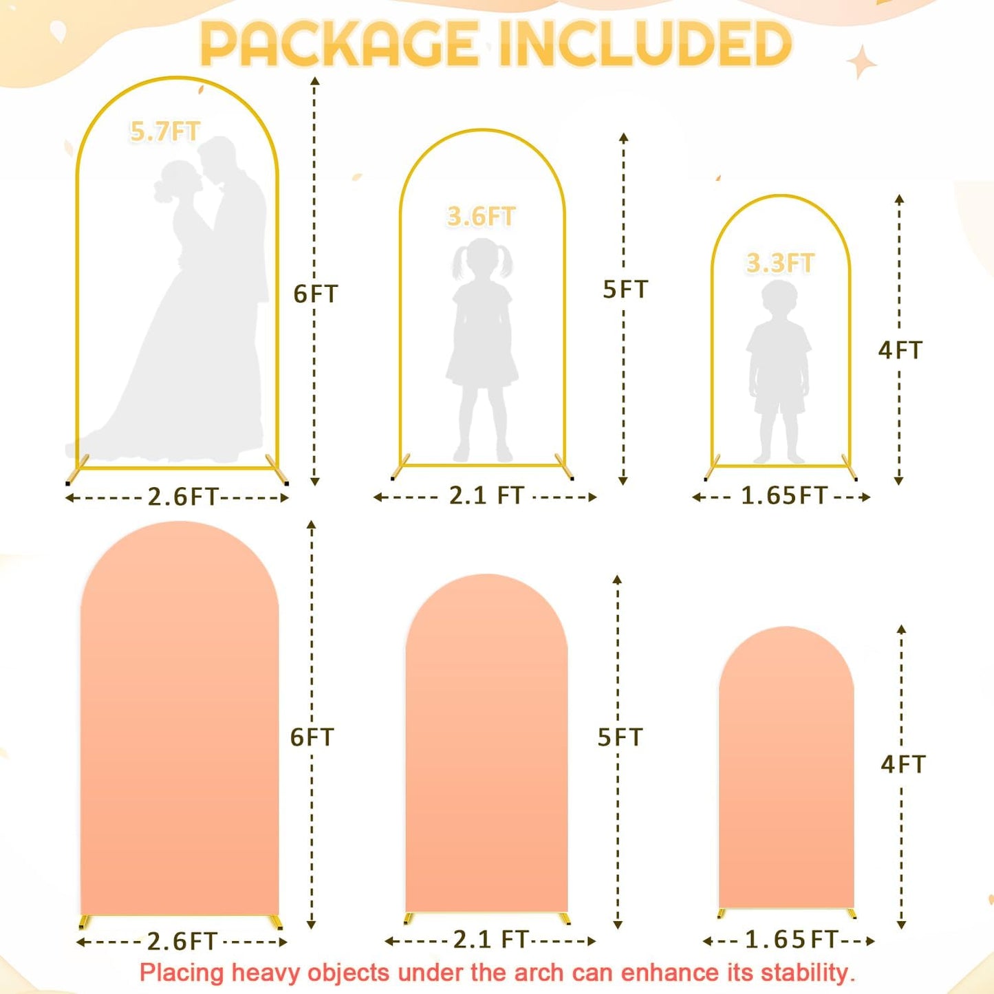 Set of 3 Arch Stand and Cover Set 6FT, 5FT, 4FT Metal Wedding Arch Backdrop Stands with Spandex Arch Covers Stretchy Backdrop Stable Arched Frame for Birthday Party Gender Reveal Baby Shower Ceremony