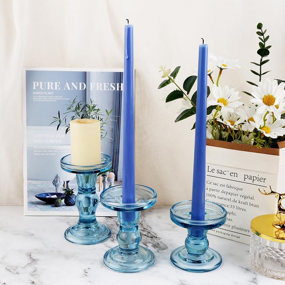 3-Piece Set of Blue Glass Candlestick, Crystal Candlestick Holder Holder and Conical Candle, Christmas Candle Holder Decoration, Family Living Room Wedding Candle Holder (Blue)