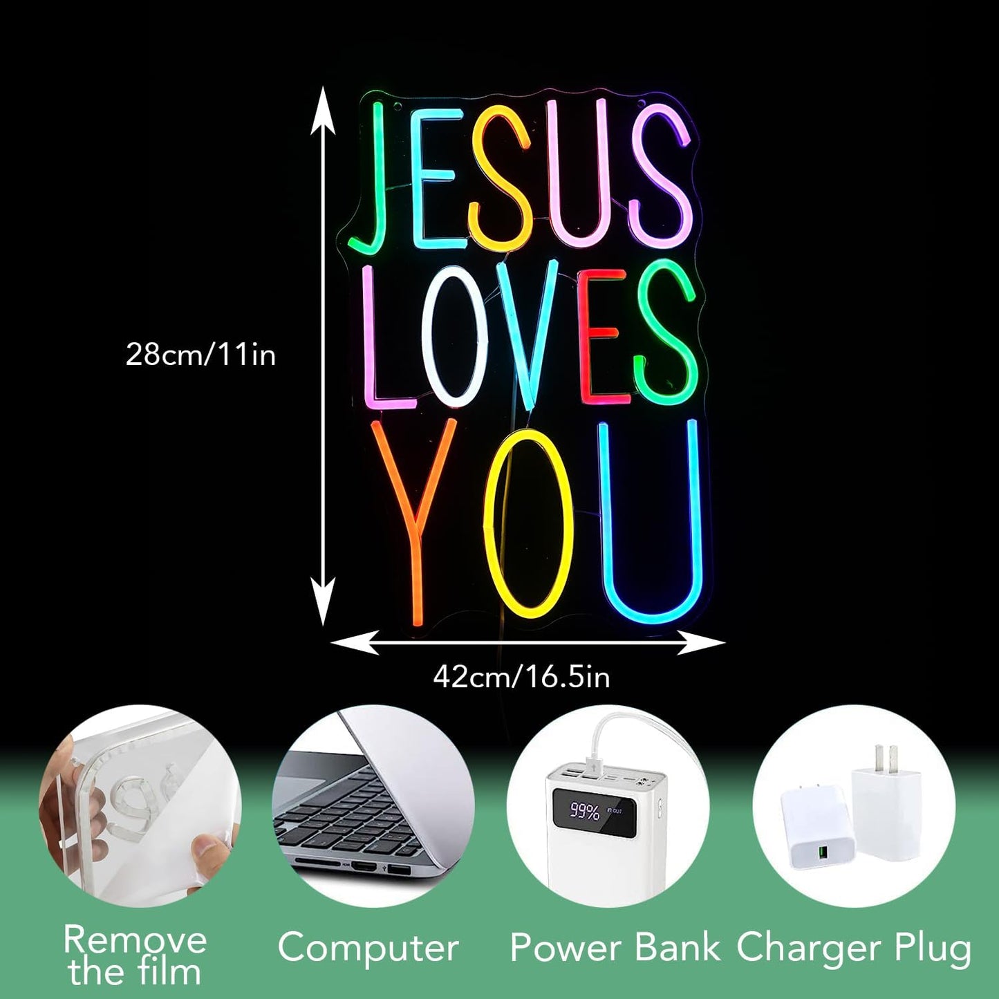 Jesus Loves You Neon sign Colorful Led Letters Sign Neon Light for Wall Decor Dimmable Jesus Light Up Sign for Home Christ Church Wedding Birthday Party Decor(USB Power)