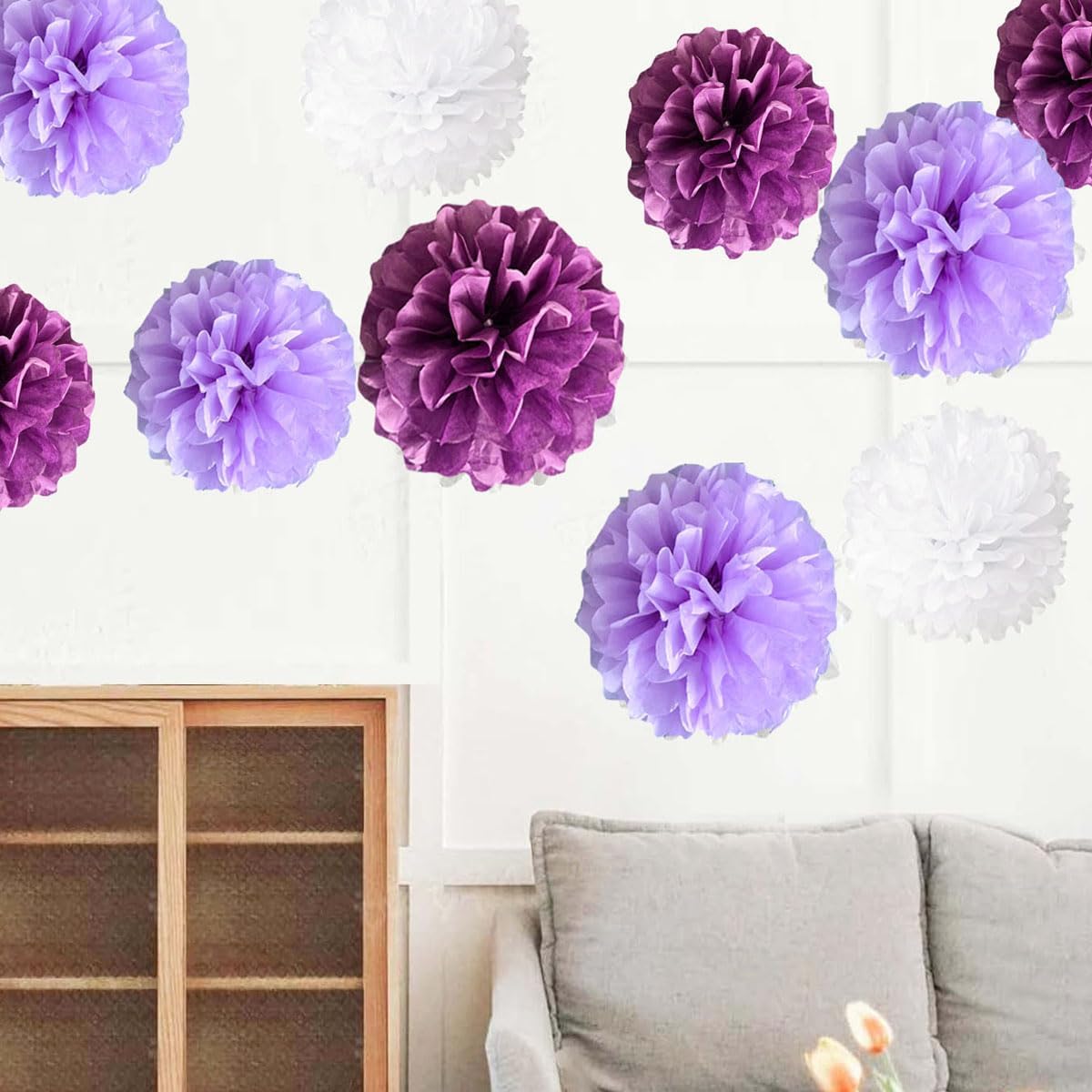 12pcs 10in 12in White Purple Paper Pom Poms Tissue Paper Flower Hanging Paper Flower Balls Wedding Party Flower Decorations DIY Art Craft Blooms for Birthday Baby shower nursery decor