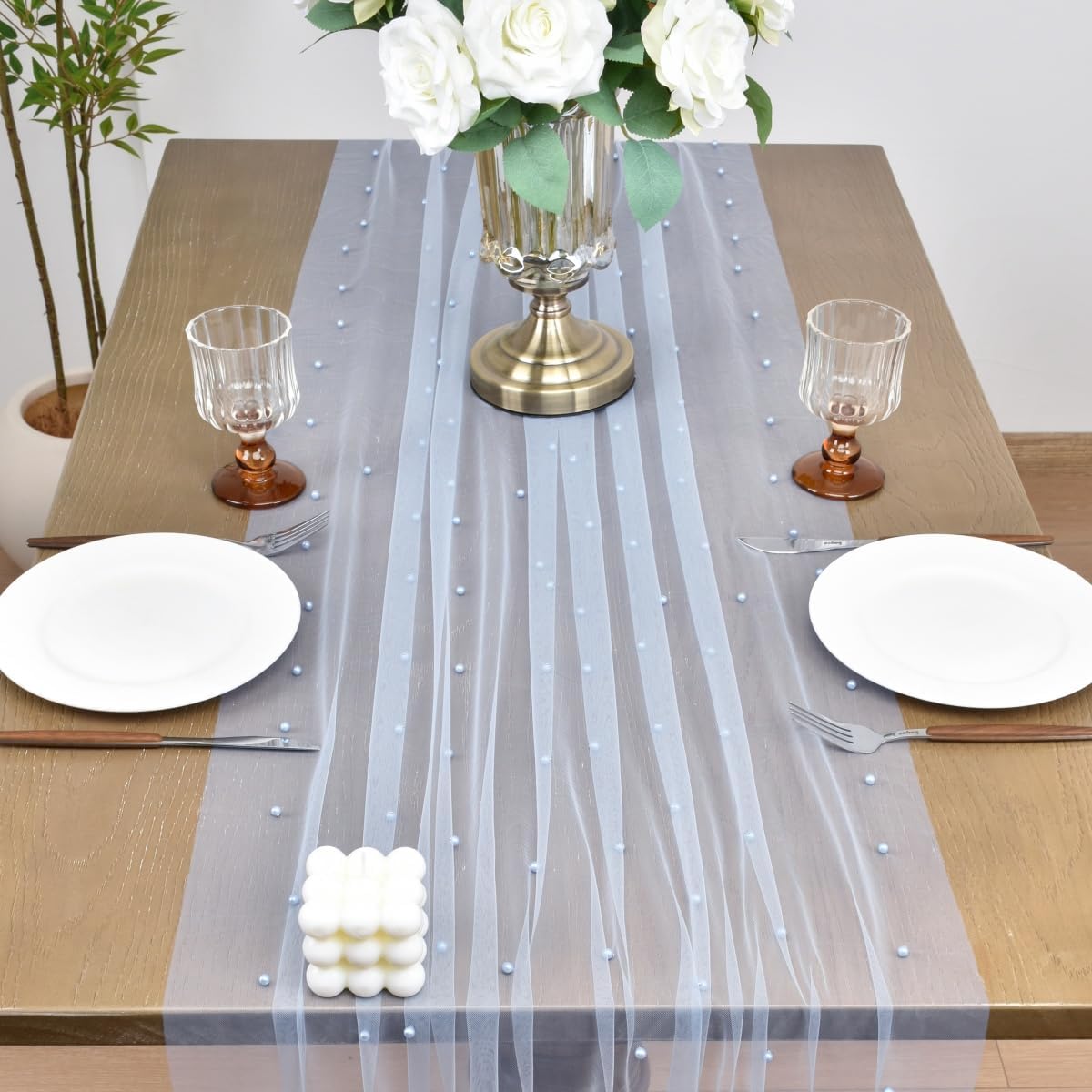 Joanlody Fall Pearl Table Runner 10ft Rustic Boho Tulle Table Runner with Pearls for Baby Shower Wedding Party Veil Dessert Thanksgiving Table Decor Blue 4pcs