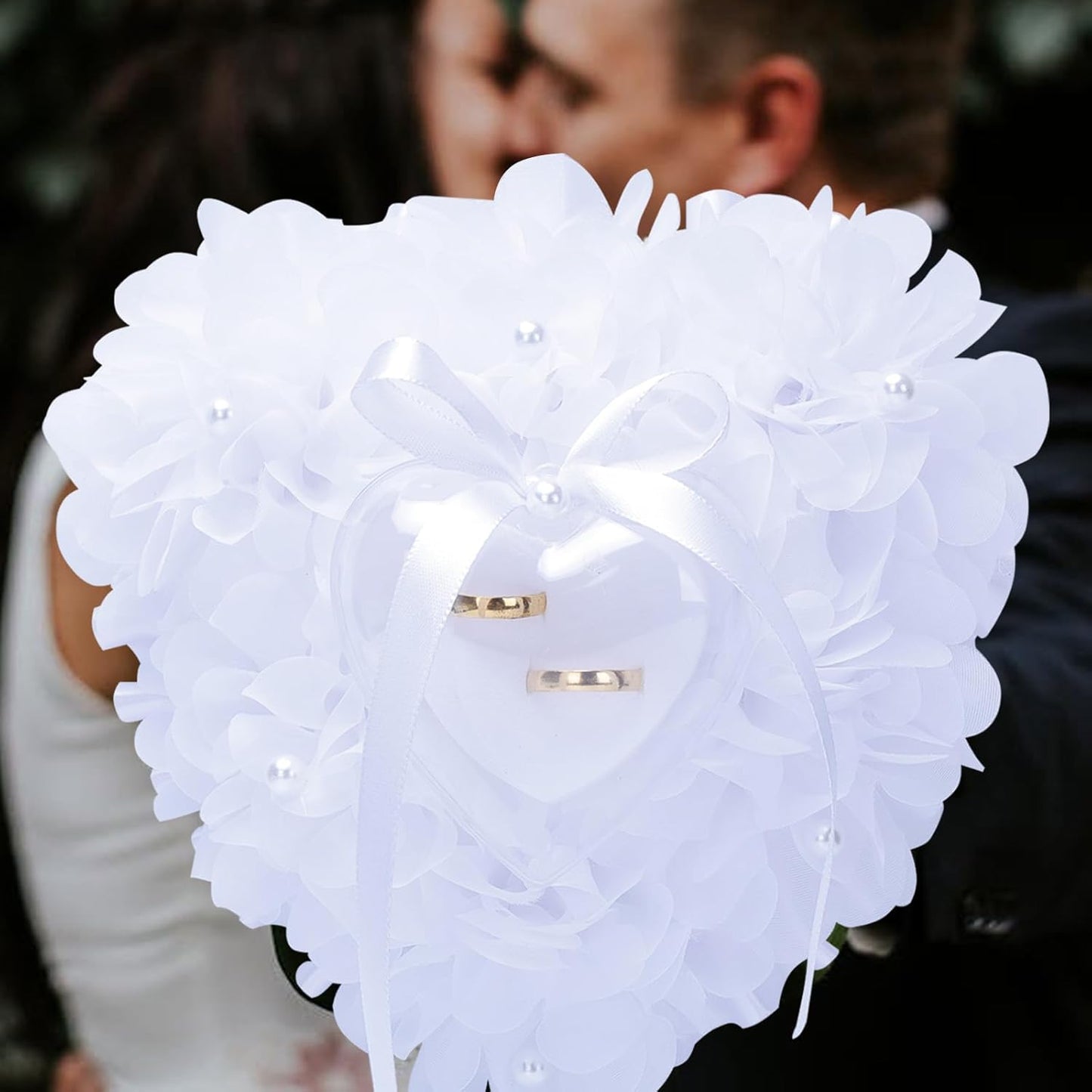 Ring Pillow is Designed with White Roses, Mozambique Diamond and Flowers. It is A Ring Bearer That Comes with A Gift Box. It is Suitable for Weddings and Ring Collections (Pearl White)