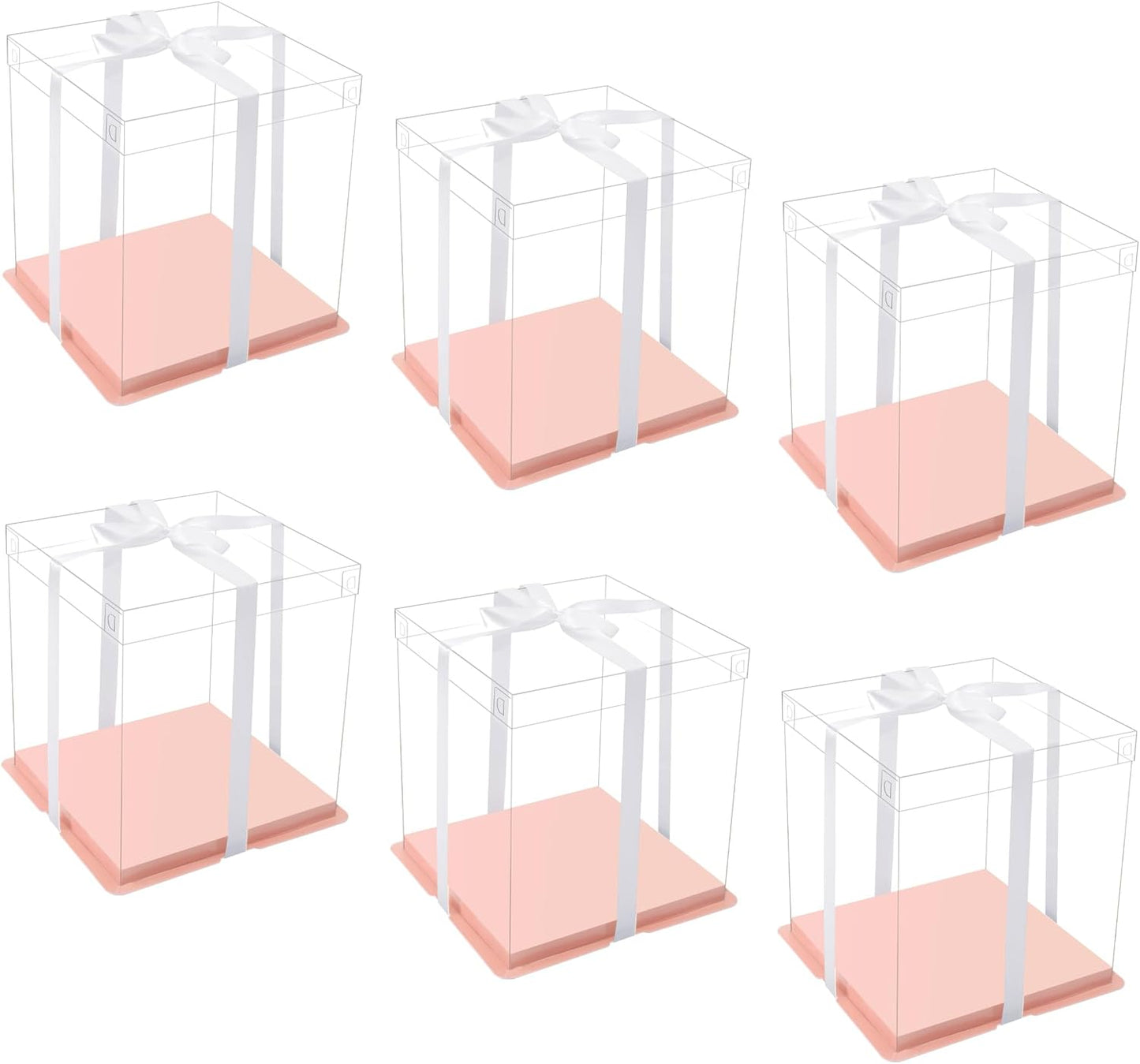 XININSUN pink clear cake box with ribbon,12x12x10inch tall cake boxes for tiered cake, transparent cake carrier, cake containers clear gift box for wedding, birthday, party(6pcs)