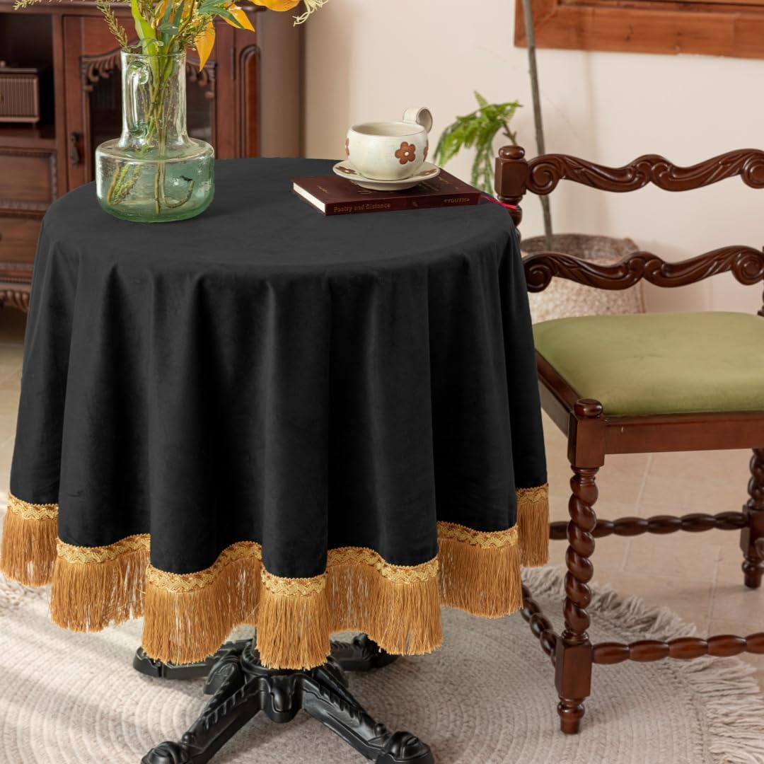 F-CHU Black Tablecloth Thickset Velvet Tablecloth with Beautiful Gold Tassels Vintage Table Cloth for Home Decor Wedding, Party, Banquet and Events 70" Round