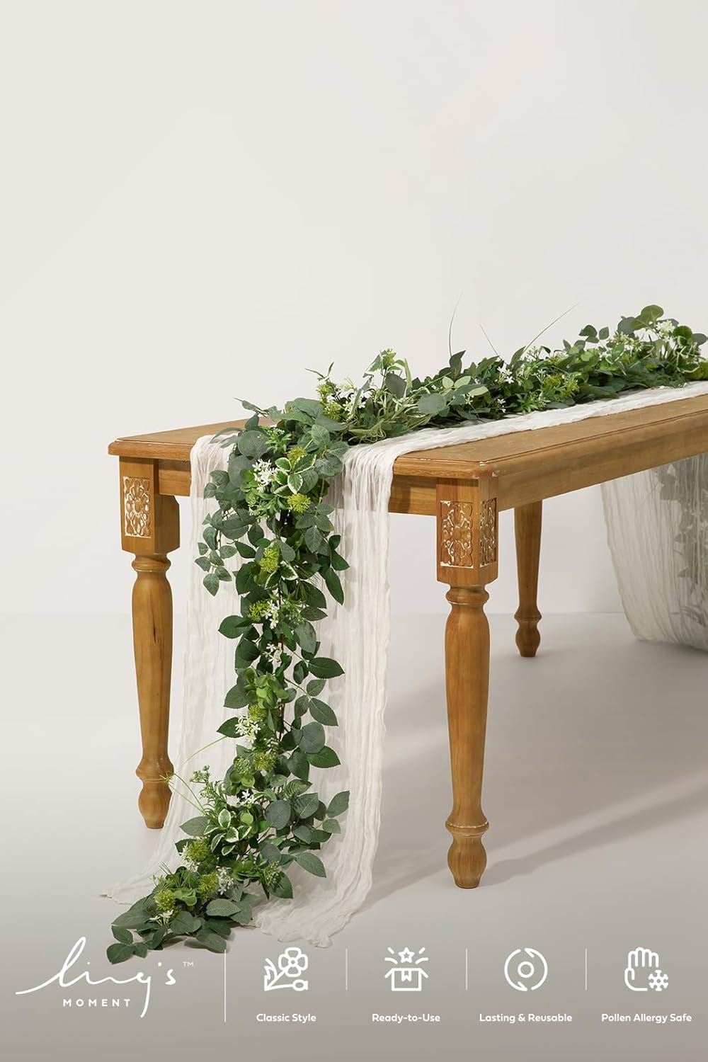 Ling's Moment Flower Garland - 6FT Eucalyptus & Rose - Sweetheart Table Decor for Wedding Reception, Artificial Floral Garland for Mantle, Spring Garden Ceremony, Christmas Decoration, Ivory White