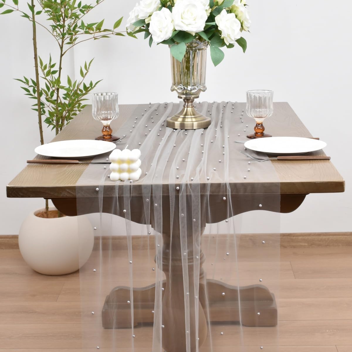 Joanlody Fall Pearl Table Runner 10ft Rustic Boho Tulle Table Runner with Pearls for Baby Shower Wedding Party Veil Dessert Thanksgiving Table Decor Gray