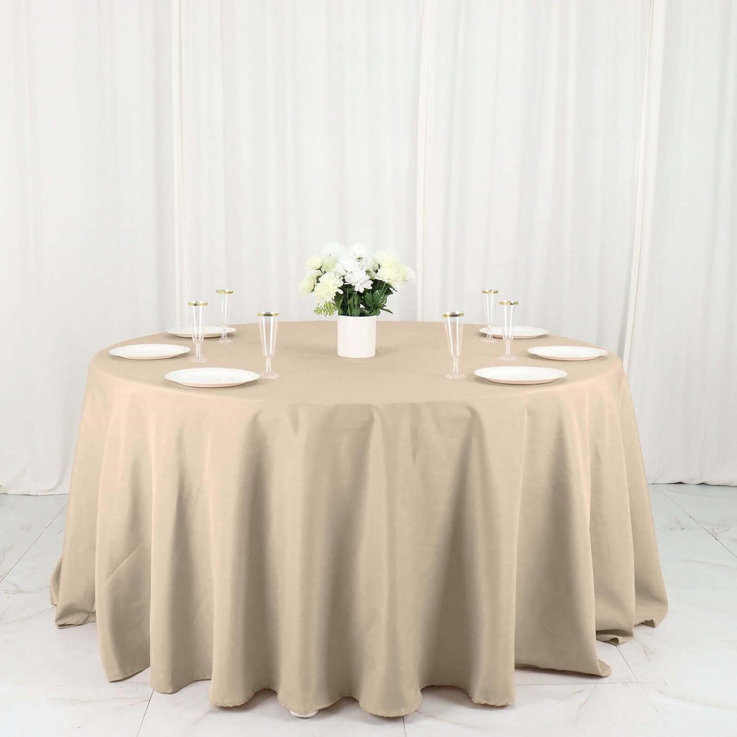 Efavormart Round Tablecloth, 132 Inch Stain & Wrinkle Resistant Washable Table Cloth, Decorative Polyester Fabric Table Cover for Banquet, Wedding, Dining- Nude Beige