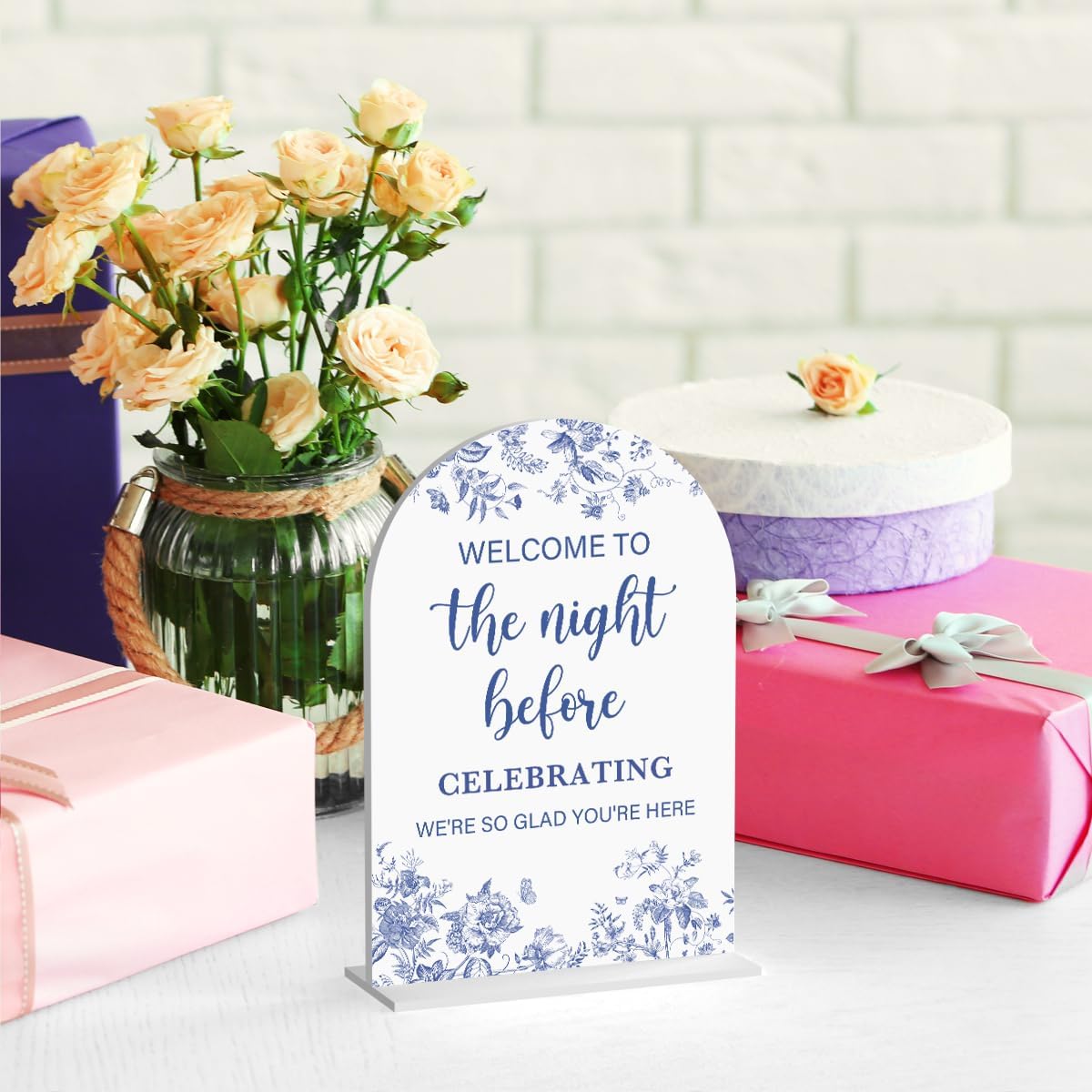 Acrylic Wedding Signs, Dusty Blue Wedding Decor, Blue Weddings Decor, Modern Calligraphy Arch Acrylic Table Top Sign for Weddings Parties Dinners - Welcome to The Night Befor (White)