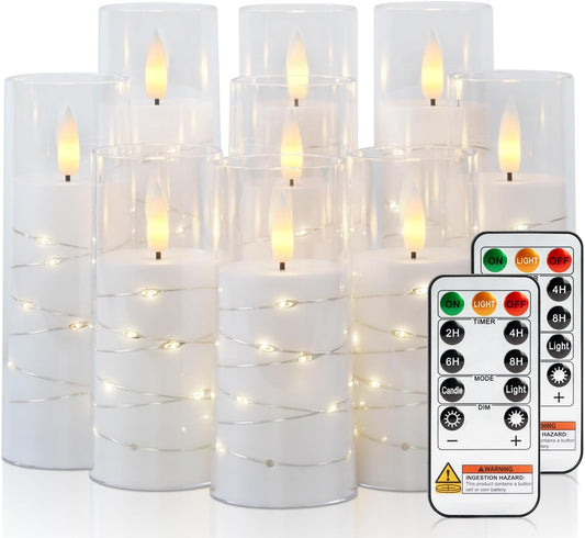Raycare Flameless Candle with Remote Timer – 9 Flickering Acrylic Battery Operated LED Pillar Candles with Embedded Star String for Halloween, Home Decor, and as a Gift (White)
