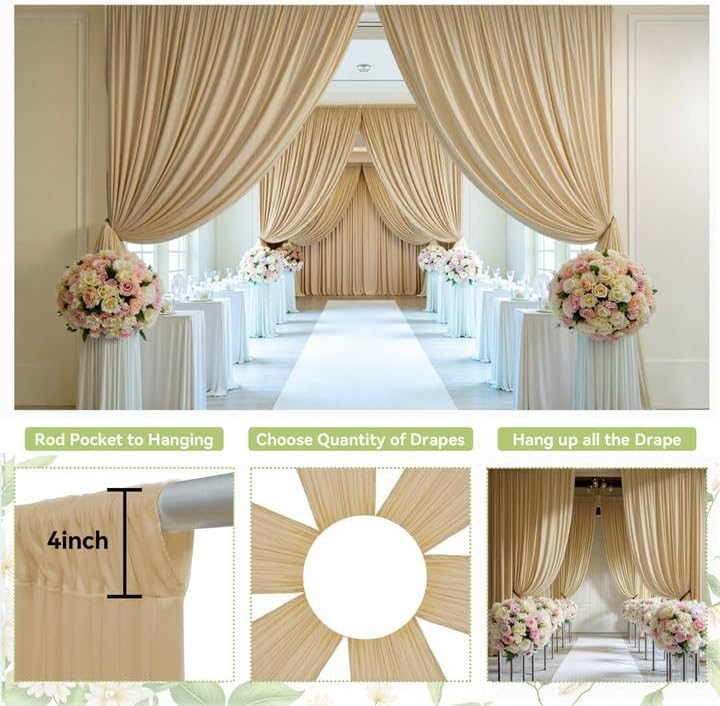 PartyVillage 20ft×15ft Beige Backdrop Curtain for Wedding Parties, 4 Panels Wrinkle Free 15 FT Long Polyester Photo Backdrop Drapes Back Drop Cloth for Birthday Photography Background
